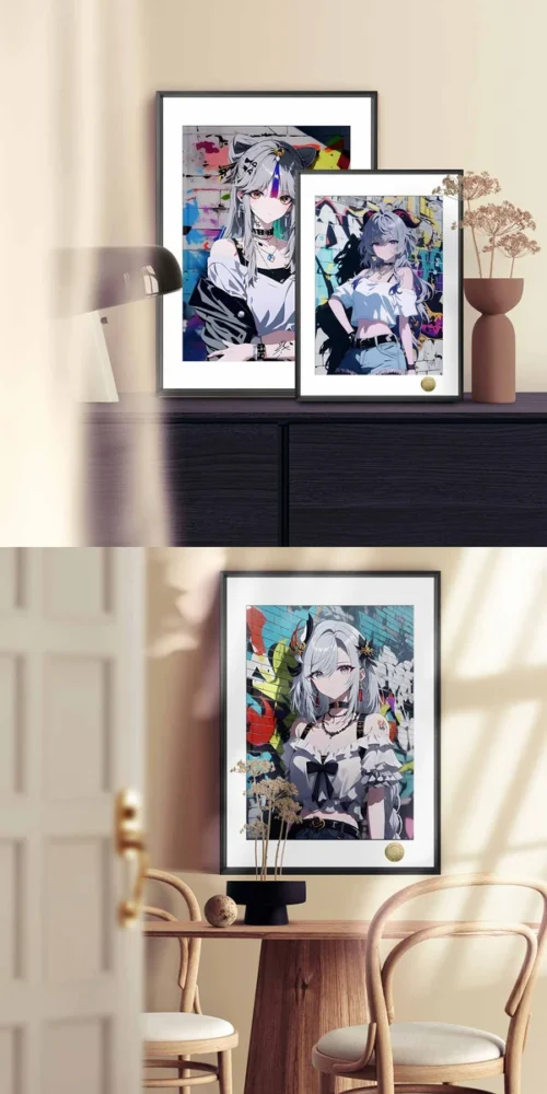 "Dynamic Genshin Impact graffiti art decorative painting showcasing Shenhe, Ganyu, and Ningguang in a unique, vibrant street art style."