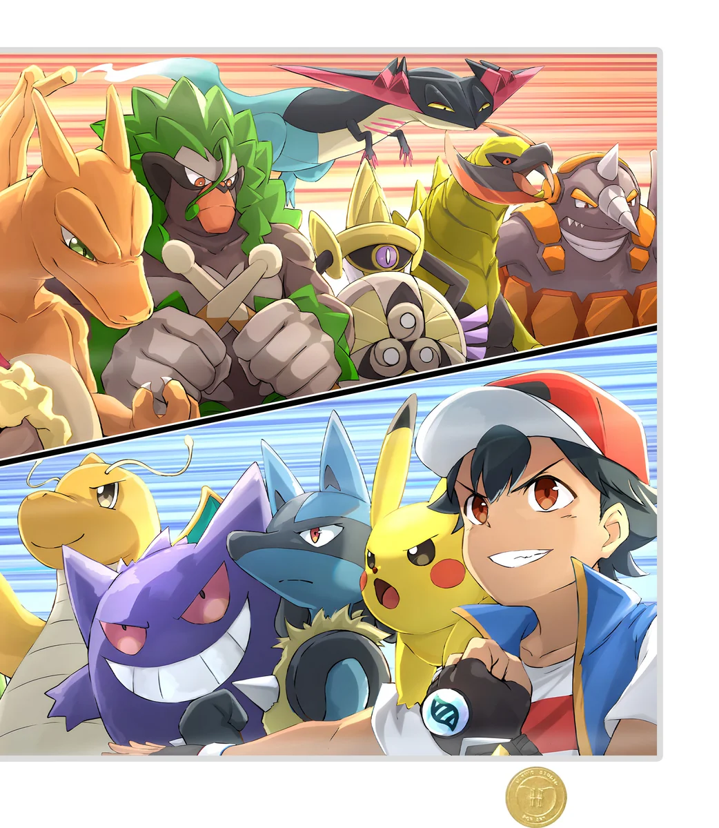 "Dynamic close-up of the Ash vs. Leon Pokemon battle art print, revealing vibrant colors and premium artistic depth."