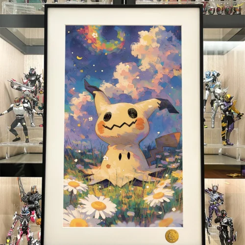 "Limited Edition Starry Daisy Pokemon Art Print. Whimsical Mimikyu and glowing daisies under a starry sky. Shows artistic details."