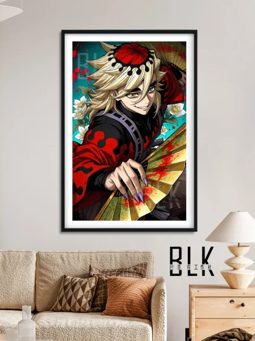"Multiple angles of the premium framed Doma Demon Slayer wall art, showcasing the dynamic, baroque-style portrait of Upper Rank Two Doma."