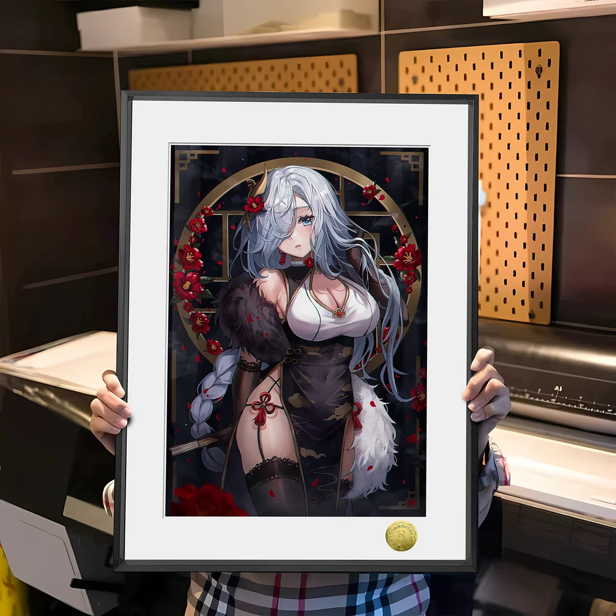 "Elegant Genshin Impact Shenhe art print by Huang Gua Studio, featuring a voluptuous design in a metallic frame. Limited edition, hand-numbered collec