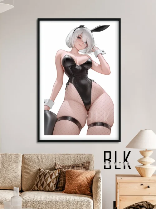 "Detailed view of the NieR Automata 2B Bunny Girl decorative painting, showcasing the elegant illustration's intricate artistry and premium."