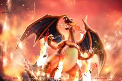 "Premium Charizard Figure resin statue by Odin Studio. Detailed views show dynamic fiery pose, vibrant LED lights, intricate sculpture, with sound."