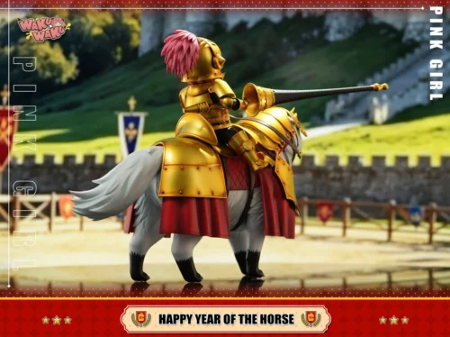 "Year of the Horse Golden Armor Anya Forger Spy x Family statue. Views show premium finish, intricate details, and majestic horse."
