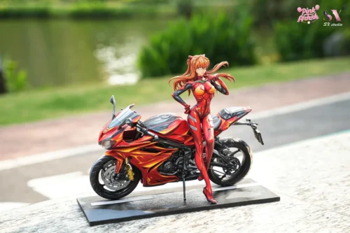 "Asuka Motorcycle Girl LED statue: dynamic 2D cel-shaded paint, dual figures. See sculpted details, artistic angles. Neon Genesis Evangelion."