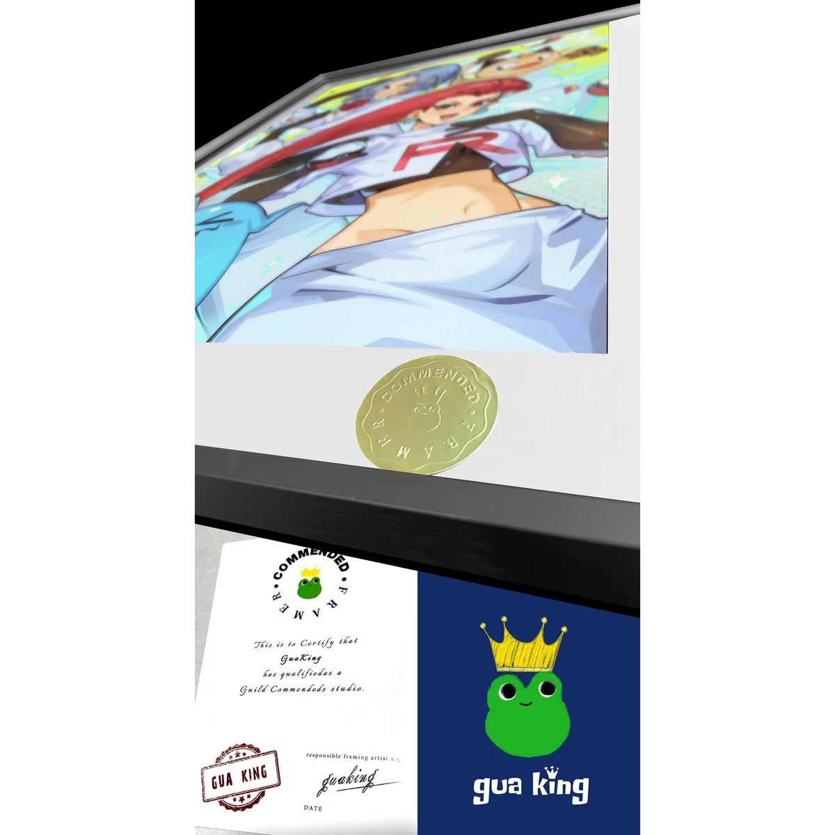 Premium framed Pokemon Team Rocket art by HuangGua Studio, capturing Jessie & James and Meowth's vibrant, mischievous charm.