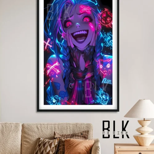 "Detailed view of the vibrant Jinx Wall Art, a premium framed print. It highlights the dynamic artistic illustration of Jinx's chaotic surprise."