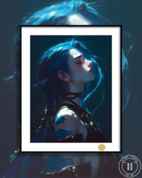 "Main image featuring a dynamic, battle-worn Jinx from Arcane in a high-quality, limited edition framed art print, showcasing expressive detail."