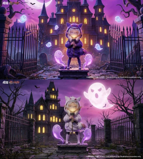 "Adorable Frieren Gengar cosplay resin statue with a glowing LED lantern and playful ghost companions, capturing a whimsical Frieren: Beyond Journey's