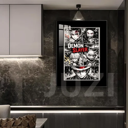 Premium framed Demon Slayer black & white manga slice art, featuring dynamic character poses and intricate details from various angles.