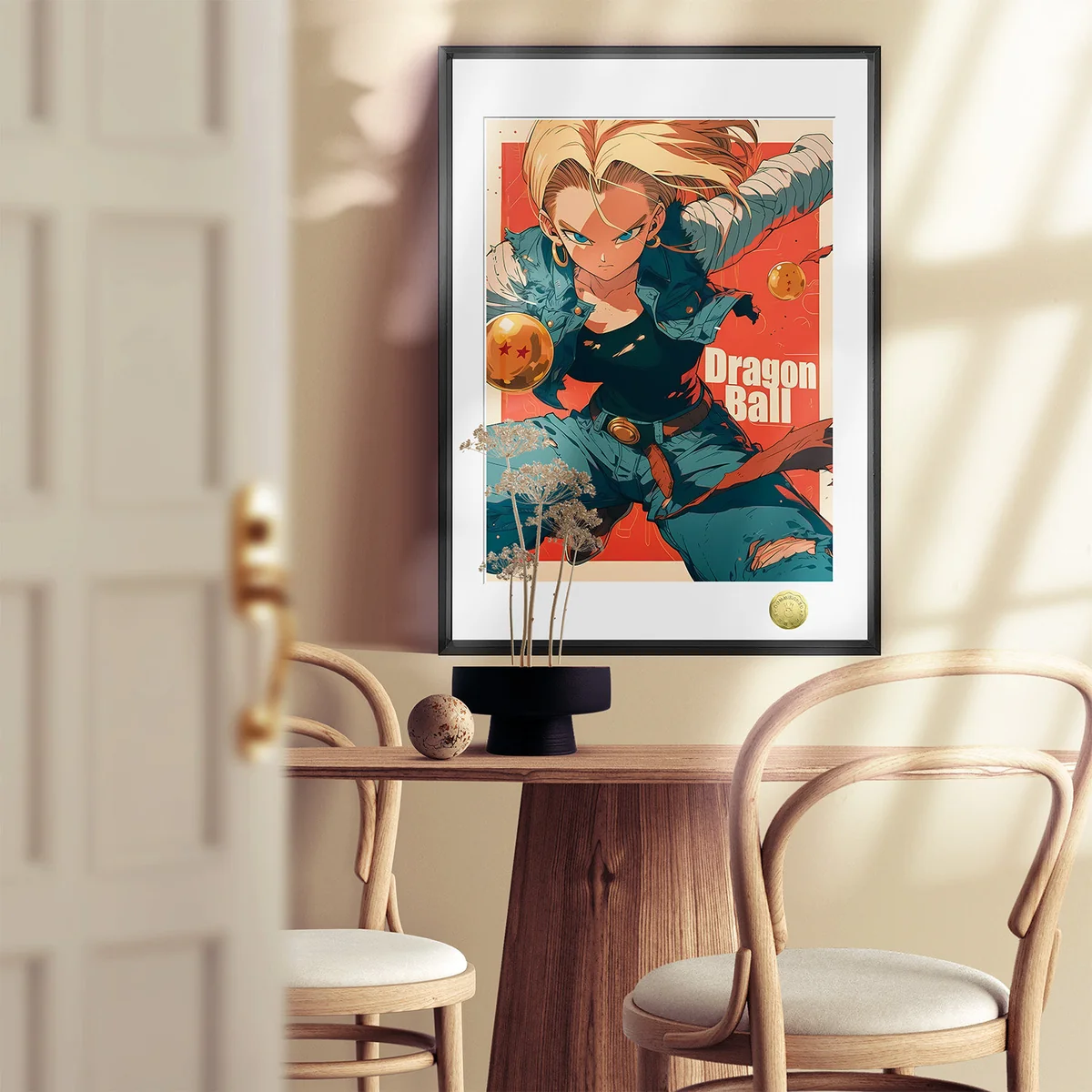"Close-up of dynamic Android 18 Fan Art limited edition print by Huang Gua Studio. Vibrant details shine within its sleek metallic frame."