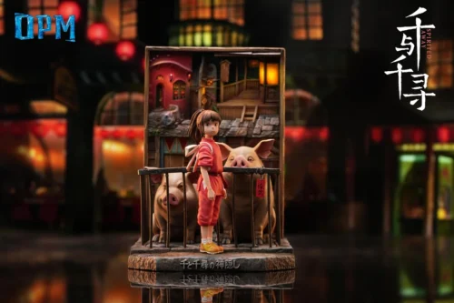 "Limited edition Spirited Away Chihiro and Pigs LED relief art resin statue, showcasing enchanting characters and a captivating light-up diorama."