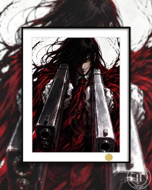"Limited Edition Hellsing Alucard premium art print capturing the intense, dynamic vampire with dual guns, highlighting his formidable presence."