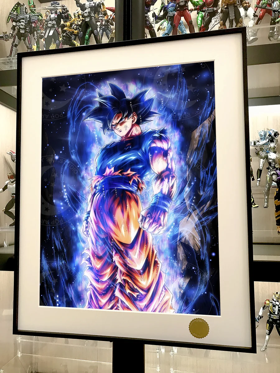 Ultra Instinct Goku Painting. Hand-numbered collectible. Vibrant cosmic details from multiple angles. Dragon Ball Super by Xingkong Studio.