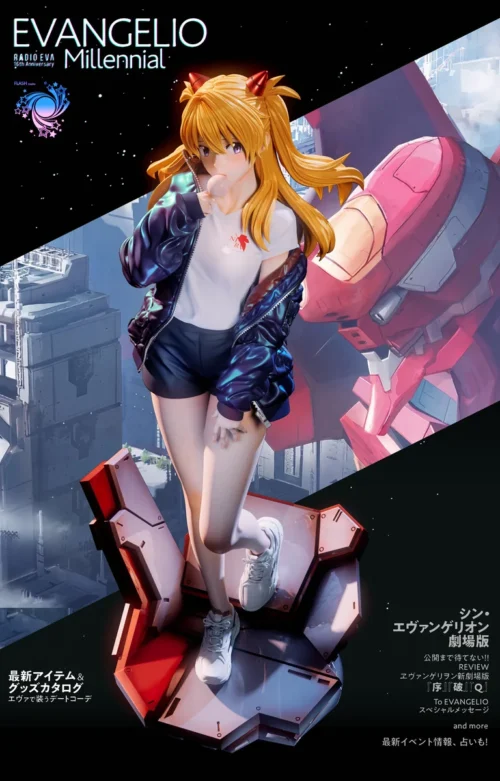 "Multiple views of the ultra-limited 1/6 Asuka Evangelion premium resin statue by Flash Studio, highlighting dynamic pose, intricate red plugsuit."