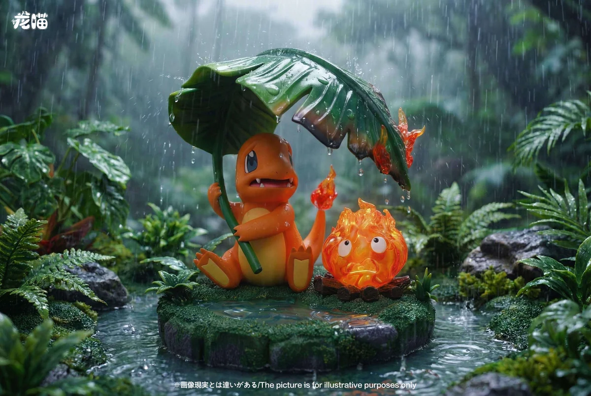 "Calcifer & Charmander LED statue gallery. Explore detailed angles of this heartwarming crossover diorama, with glowing Calcifer in a whimsical rainy