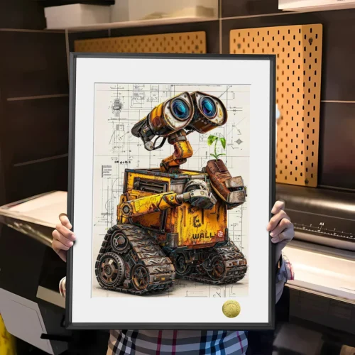 Premium framed Wall-E 'The Lonely Guardian' art print by Huang Gua Studio, a hand-numbered collectible depicting Wall-E in a poignant cosmic scene.