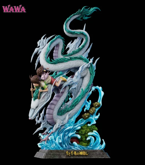 Dynamic Spirited Away statue of Chihiro riding Haku in dragon form, capturing their iconic magical flight with ethereal water effects and Ghibli artisan.
