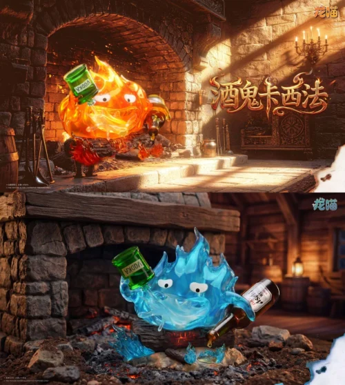"Close-up of the glowing Drunken Calcifer LED figure from Howl's Moving Castle. This whimsical Longmiao Studio statue showcases iconic Ghibli charm."