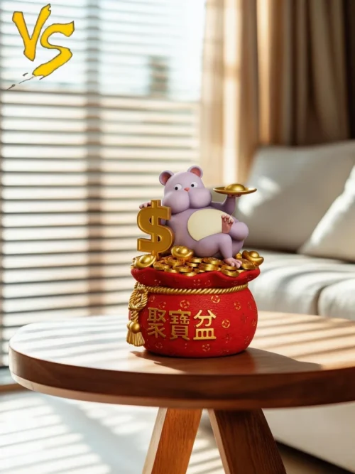 "Detailed views of the charming Spirited Away Boh Lucky Fortune Tray figure, highlighting its playful design, gold coins, and quality resin statue."