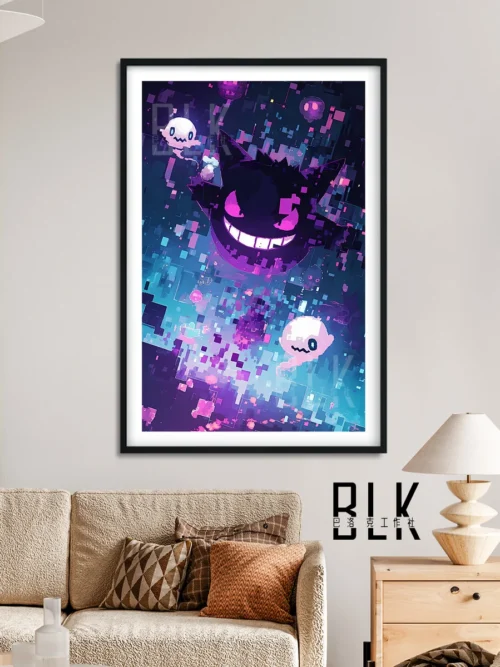 "Detailed views of the Baroque Pixelated Gengar Decorative Painting, showcasing its elegant frame and vibrant retro Gengar pixel art. Iconic Gengar."