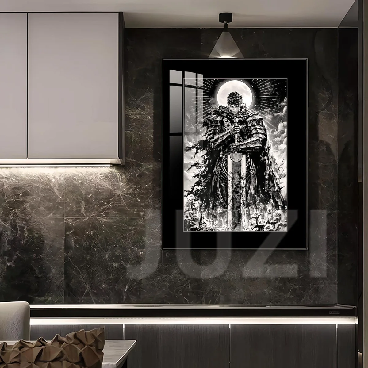 "Berserk Guts 'Moonlit Sword Oath' decorative painting by JUZI Studio, featuring premium UV print details and a fade-resistant alloy frame."