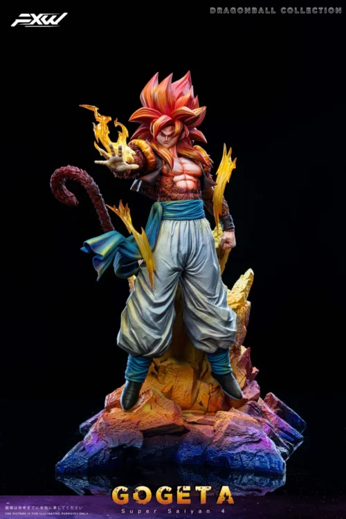 "Dynamic 1/6 SSJ4 Gogeta Dragon Ball statue, an exclusive FXW Studio collectible, showcasing a powerful pose and intricate battle aura."