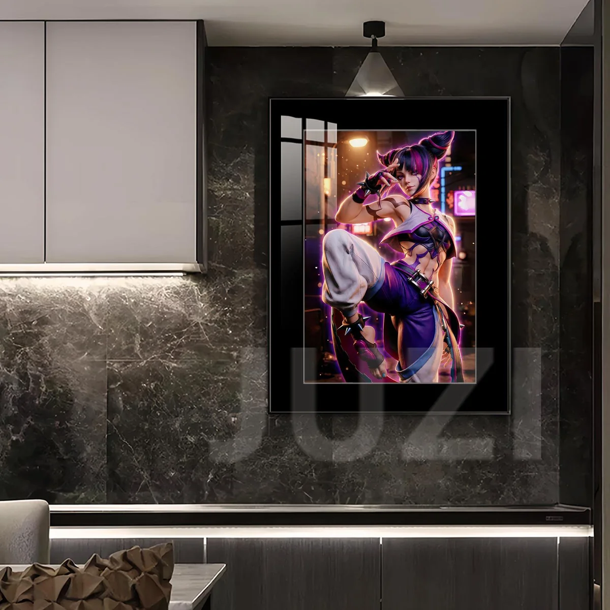 "Juri Han Cyberpunk Street View painting. Vibrant, HD framed art displays dynamic cityscape, high-contrast, and fade-proof colors."