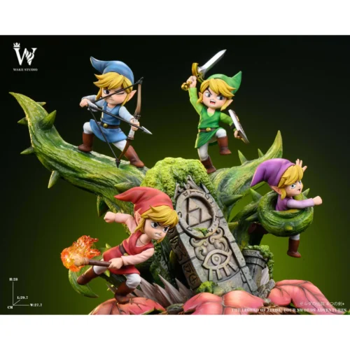 "Zelda Link Four Swords statue. Dynamic multi-Link display with five vibrant Links, intricate base, showcasing details from various angles."