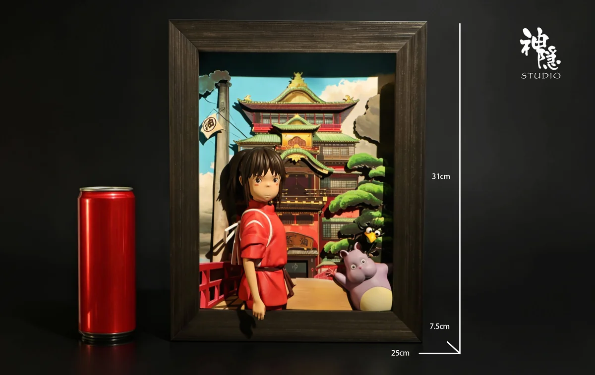 "Spirited Away Chihiro & Bo Companionship Wall Art resin statue, showcasing intricate details and various angles of the iconic Ghibli bathhouse scene