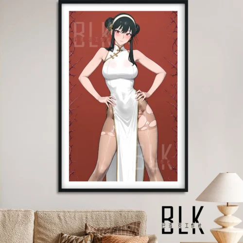 "Close-up view of the elegant Qipao Yor Forger decorative painting from SPY×FAMILY, showcasing intricate Baroque-inspired anime art details."