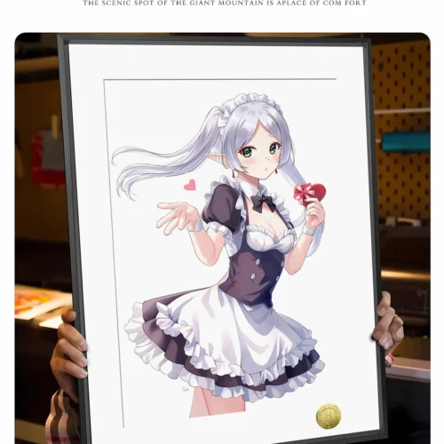 "Detailed views of the limited edition hand-numbered Frieren Maid art print, highlighting its whimsical fan-art style, tender details, and elegant fra