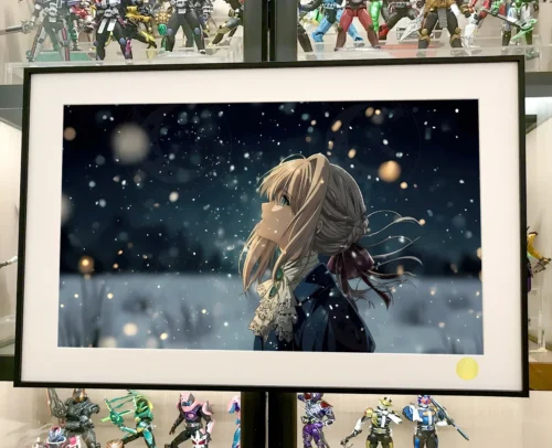 "Close-up of the limited edition, hand-numbered Violet Evergarden premium art print. Showcases serene snow scene, starry night, and elegant frame."