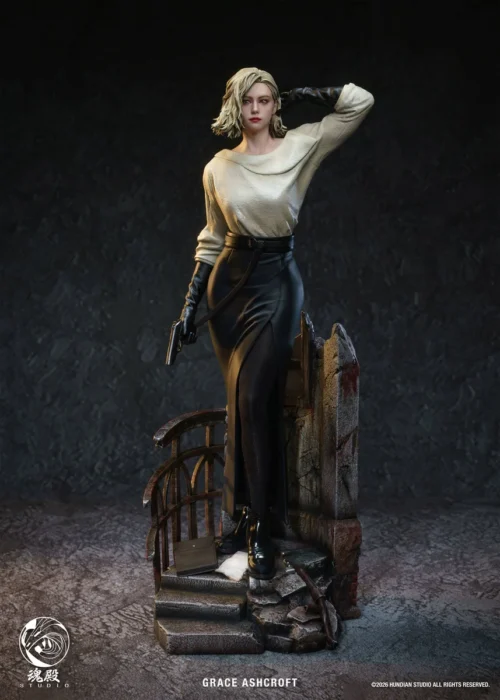 "Limited Edition 1/4 scale Resident Evil Grace statue. Dynamic pose, dark cinematic elegance, and intricate realistic details capture."