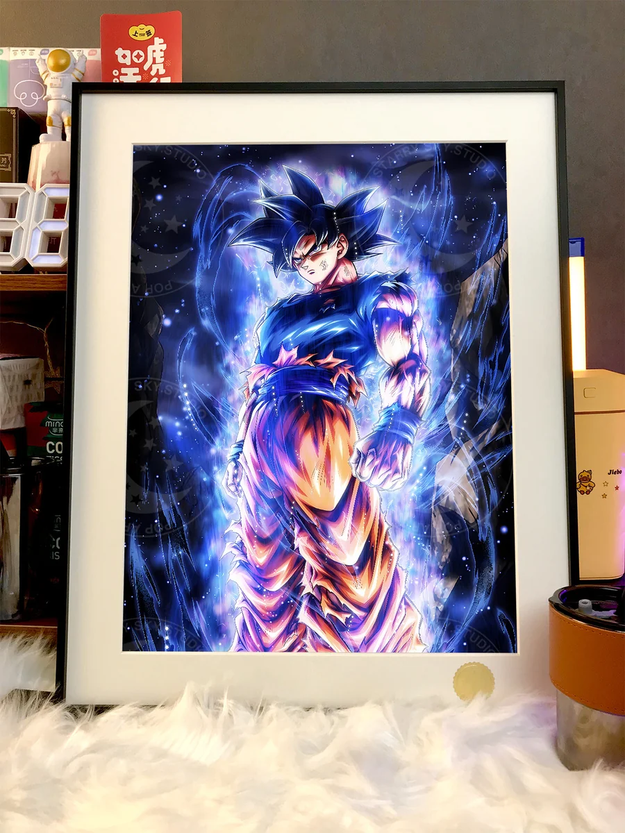 Detailed views of the Limited Edition Ultra Instinct Goku painting. Its vibrant cosmic art and individually hand-numbered premium finish are showcase unique.