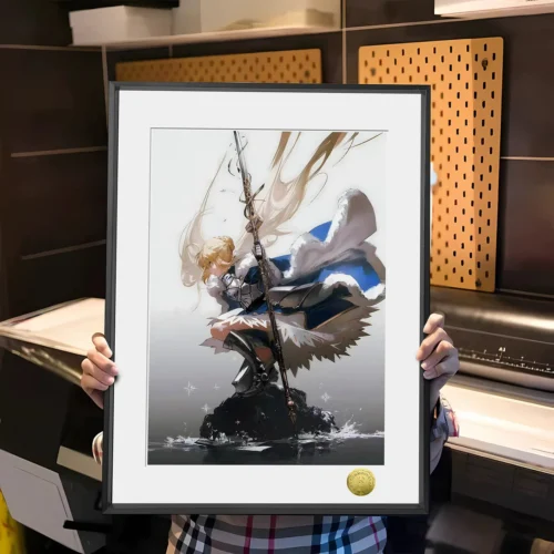 "Noble Saber decorative painting from Fate/Stay Night, showcasing her iconic armor with elegant brushstrokes, a limited edition, hand-numbered art."