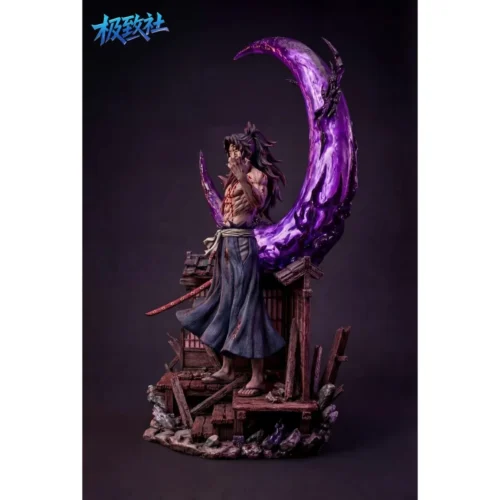 "Detailed angles of the 1/6 Kokushibo Demon Slayer LED statue, showcasing dynamic Moon Breathing, menacing illuminated eyes, and apocalyptic base."