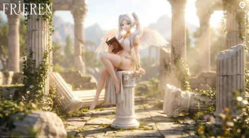 "Exquisite 1/6 Angel Frieren figure, ethereal with majestic wings, serene expression, on a classical Roman pillar base."
