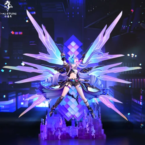 "Stunning 1/6 scale Honkai: Star Rail Wolf Lord LV.999 resin statue with vibrant light-up elements, glowing pixel sword, and powerful wings."