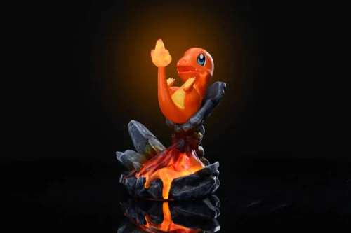 "Dynamic Charizard Evolution with LED lights, featuring Charmander and a playful Pikachu. A fiery Pokémon statue from Daocaoren Studio."