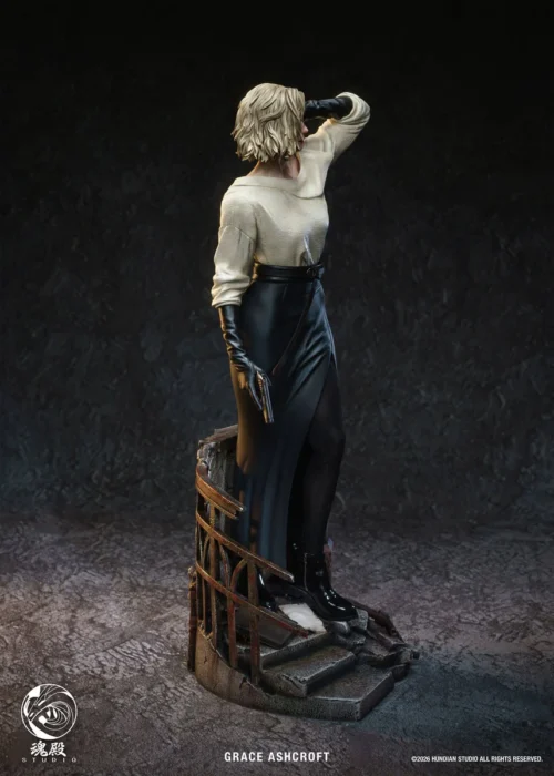 "Limited edition 1/4 scale Resident Evil Grace statue, shown from multiple angles, highlighting dark cinematic elegance, intricate details."
