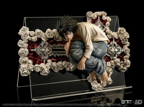 "1/6 L Lawliet Death Note premium resin statue, all angles. Iconic sitting pose, magnetic features, and limited edition details revealed."