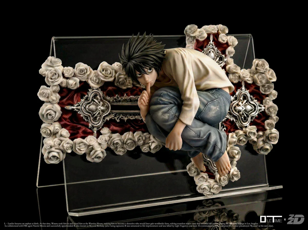 "1/6 L Lawliet Death Note premium resin statue, all angles. Iconic sitting pose, magnetic features, and limited edition details revealed."