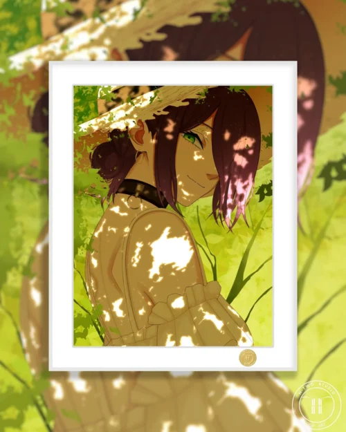 "Limited Edition Chainsaw Man Reze premium art print showcasing a dynamic portrait with explosive effects and delicate cherry blossoms by H-TWO Studio."