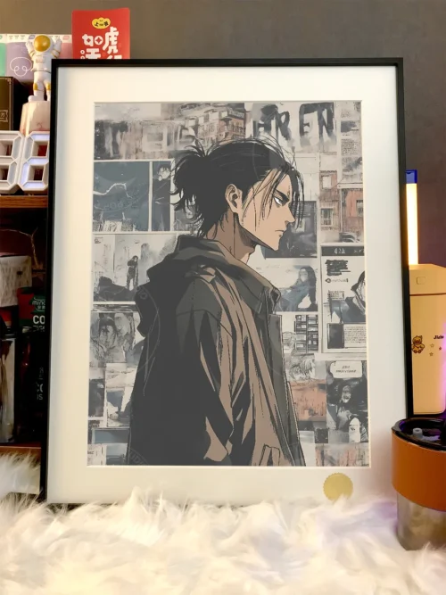 "Limited Edition Eren Yeager Attack on Titan art print by Xingkong Studio. Gallery highlights hand-numbered details, stylized Hong Kong urban setting."