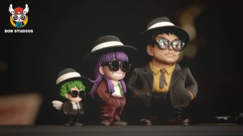 "Limited edition ZOR-Studios Arale Gangster Figure, Gatchan, and Senbei Dr. Slump statue details, capturing its gritty aesthetic from various angles."