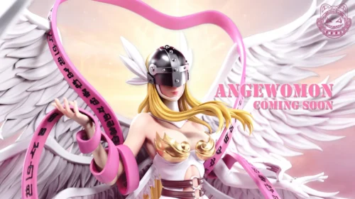 "Limited edition Angewomon Digimon Adventure Qiaowu Studio statue. Detailed views reveal the ethereal angelic warrior's dynamic pose, flowing wings."