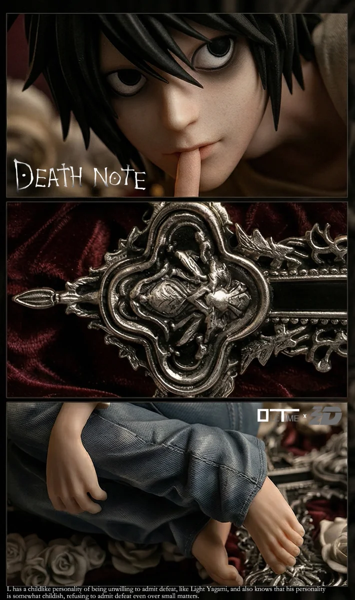"Detailed views of the 1/6 L Lawliet Death Note premium resin figure, showcasing its iconic pose, intricate sculptural details, and magnetic elements."