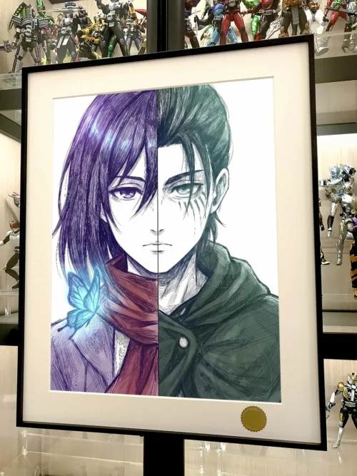 "Dynamic close-up of the Limited Edition Attack on Titan Print, featuring Mikasa, Eren, and Levi's intricate celestial details from a captivating angl