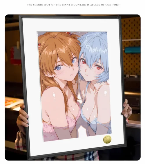 "Exclusive limited edition Evangelion art print of Asuka and Rei in seductive pajamas, highlighting its vibrant artistic style. This framed decorative